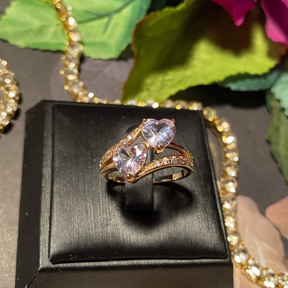 Double diamond heart engagement ring 925 gold ring